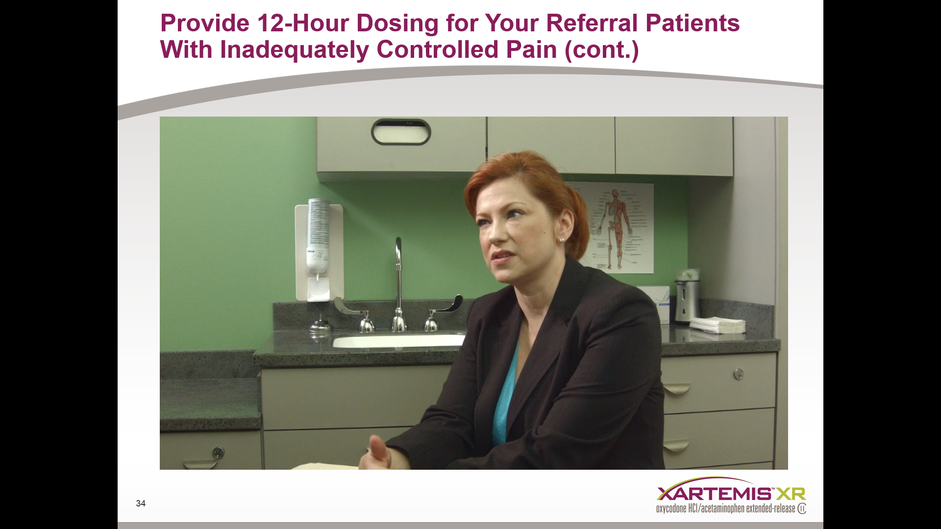 A woman sitting in a medical office. She is wearing a black blazer and appears to be in her late 40s or early 50s. She has red hair and is looking off to the side with a serious expression on her face. Behind her there is a sink with a faucet and a medical chart on the wall. The text on the image reads "Provide 12-Hour Dosing for Your Referral Patients With Inadequately Controlled Pain (cont.)".