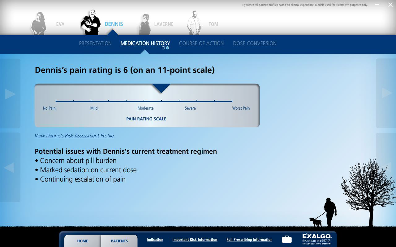 A screenshot from the Exalgo website in the Medication History tab for a hypothetical patient profile (Dennis). The text says "Dennis's Pain Rating is 6 (on an 11-point scale)". The website has a blue and white color scheme with a blue header and footer.<br /><br />There are menu bars at the top and the bottom of the screen.