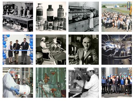 A collage of nine black and white photographs of people working in a laboratory. The photographs are arranged in a grid-like pattern with each photograph showing a different aspect of the laboratory. <br /><br />The first photograph on the top left shows a group of people standing in front of a large table with various laboratory equipment and supplies. There are several bottles and jars on the table and a few people are standing behind the table. The second photograph in the top right shows a large crowd of people gathered in a field with a blue sky and clouds in the background. The third photograph is a close-up of a laboratory bench with a microscope and other scientific equipment. The fourth photograph is in the center of the collage with two people working on a machine. The fifth photograph is on the bottom left and the sixth photograph is at the bottom right.<br /><br />All the photographs appear to be from the early 20th century as they are all dressed in lab coats and hats. The people in the photographs are smiling and looking at the camera.