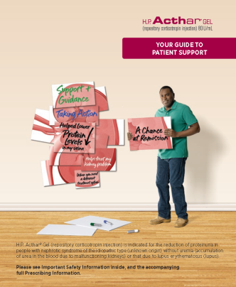 A man standing in front of a wall with a large poster on it. The poster is titled "Your Guide to Patient Support" and has a pink background with white text. The man is wearing a green t-shirt and blue jeans and is holding a pink sign that reads "A Chance at Remission". He is smiling and looking at the camera. On the left side of the poster there are several smaller posters with red and white text that read "Support Guidance" "Taking Action" and "Protein Levels". On the right side there is a smaller poster with the same text. At the bottom of the image there has a note that says "Please see important safety information inside and the accompanying full-prescription information."