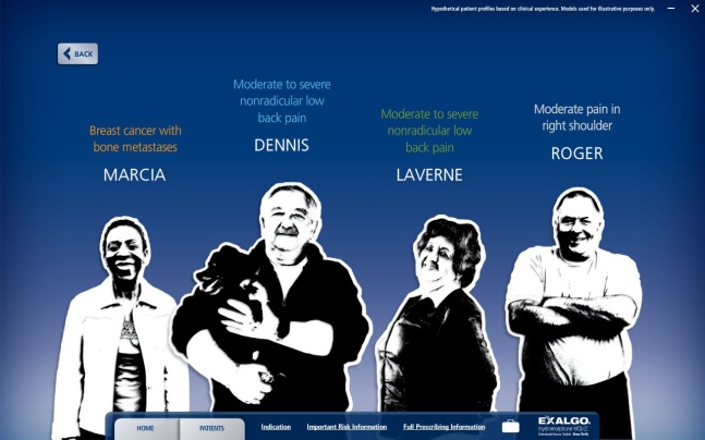 A screenshot of a website homepage with a blue background and white text. On the left side of the page there is a title that reads "Breast cancer with bone metastases" and below it there are four images of four people - Marcia Dennis Laverne and Roger. Marcia is on the left Dennis is in the center Dennis and Roger are on the right and they are all smiling and looking at the camera. They are all wearing casual clothes and appear to be happy.<br /><br />On the top right corner of the image the text reads "Moderate to severe nonradicular low back pain" and on the top left corner it reads "moderate pain in right shoulder". Below the text it says "moderate to severe back pain".<br /><br />At the bottom of the screen there has a navigation bar with various options such as "Home" "About" "Contact" and "About Us". There is also a button that says "Exalgo".