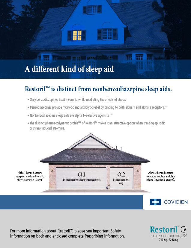 An advertisement for Restoril a type of sleep aid. It features a blue house with a white roof and a chimney. The house is surrounded by trees and there is a blue sky in the background. The text on the image reads "Restoril is distinct from nonbenzodiazepine sleep aids." Below the text there is an image of a house with the text "For more information about Restoril please see Important Safety Information on back and enclosed complete Prescribing Information." <br /><br />At the bottom of the image there are two logos one for Covidien and the other for Restoril. The image also includes a brief description of the product and its benefits.