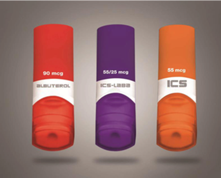 Three cylindrical tubes of different colors - red purple and orange. The tubes are arranged in a triangular formation with the red tube on the left the purple tube in the middle and the orange tube at the bottom. Each tube has a label on it that reads "90 mcg" "55/25 mcg" and "ICS-Labs". The tubes appear to be made of plastic and have a flip-top lid. The background is a plain grey color.