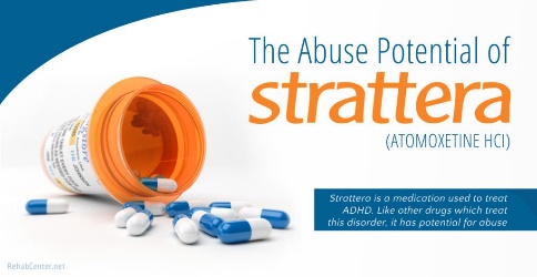 An open prescription bottle with blue and white pills spilling out of it. The bottle is orange and white in color and has a label on it that reads "Strattera is a medication used to treat ADHD. Like other drugs which treat this disorder it has potential for abuse." The background is white and there is a blue banner on the right side of the image with the text "The Abuse Potential of Strattera (ATOMOXETINE HCI)".