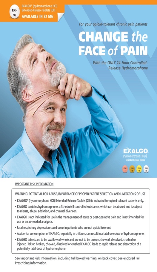 An advertisement for Exalgo an opioid-tolerant chronic pain medication. The advertisement features a photo of a man with a bandage wrapped around his head indicating that he is experiencing pain. The man is wearing a blue shirt and has a serious expression on his face. The background is white and the text on the advertisement reads "Change the face of pain with the only 24-hour controlled release hydromorphone." <br /><br />At the bottom of the advertisement there is a warning label that reads "Important risk information: Warning: Potential for abuse importance of proper patient selection and limitations of use." The label also mentions that the medication is available in 32 mg.