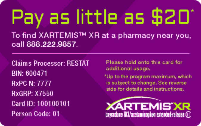 A purple card with the text "Pay as little as $20 to find Xartemis™ XR at a pharmacy near you call 888.222.9857. Claims Processor: RESTAT. Please hold onto this card for additional usage. Up to the program maximum which is subject to change. See reverse side for details and instructions. Card ID: 1001000101. Person Code: 01." The card also has the XARTEMIS® XR logo on the bottom right corner.