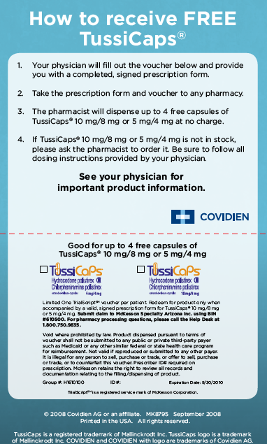 An infographic that explains how to receive free TussiCaps. It has a blue background with white text. Below the title there is a list of instructions on how to fill out the voucher below and provide information about the prescription form. <br /><br />The instructions are:<br /><br />1. Take the prescription forms and voucher to any pharmacy.<br />2. If the pharmacy will dispense up to 4 free capsules of TussiCaps it will be required to be in stock.<br />3. See your physician for important product information.<br />4. Good for up to 5 free capsules [etc.]