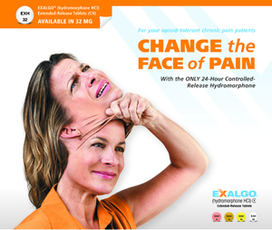 An advertisement for Exalgo with the tagline "Change the Face of Pain". The background is white and the text is in orange and blue. On the left side of the image there is a photo of a woman with shoulder-length blonde hair wearing an orange shirt. She is smiling and looking up at the sky with her hand on her chin as if she is experiencing pain. The text on the image reads "For your opioid-tolerant chronic pain patients. With the only 24-hour controlled release hydromorphone." On the right side there are three logos - "Exalgo" "Hydromorphones" and "Available in 32 mg". The overall design of the advertisement is modern and eye-catching.