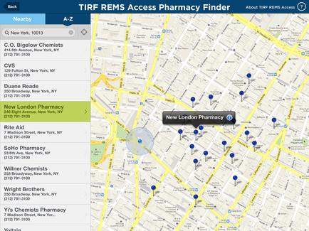 A screenshot of a map of a city with blue pins scattered across it. The map is titled "tire REMS Access Pharmacy Finder" and shows the location of New London Pharmacy. On the left side of the map there is a list of nearby pharmacies in New York City including C.O. below Chemists CVS Duane Reade Rite Aid SoHo Pharmacy killer Chemists and Wright Brothers. The list is displayed on a white background with black text.
