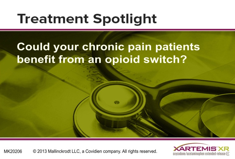 A graphic design with a green background and white text. The text reads "Treatment Spotlight: Could your chronic pain patients benefit from an opioid switch?" The text is in a bold sans-serif font and is centered on the image. On the right side of the image there is a close-up of a stethoscope and a magnifying glass suggesting that the image is related to medical treatment. The image also has a logo for Xartemis XR a company that provides information about the company's services.