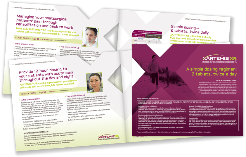 A tri-fold brochure design for the drug XARTEMIS XR. The brochure is divided into three sections. <br /><br />The first section on the left side of the brochure has a white background with black text that reads "Managing your postpartum pain through rehabilitation and back to work". Below the text there is a photo of a man and a woman. The man is smiling and the woman is looking at the camera.<br /><br />On the right side there are two smaller sections with information about the company's services. The first section has a purple background with white text and a picture of a person walking on a trail. The second section has an image of a woman walking on the trail and the text reads "Simple dosing - 2 tablets twice a day".<br /><br />At the bottom right corner of the left section it has a pink background with the company logo and contact information. The text on the right section reads "Provide 12-hour dosing to your patients with acute pain throughout the day and night".