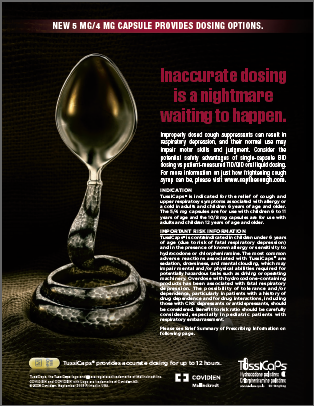 An advertisement for a new 5 mg/4 mg capsule that provides dosing options. The background is black and the text is white. On the left side of the image there is a coiled snake with a spoon for a head. The spoon appears to be made of metal and has a shiny finish. The text on the image reads "Inaccurate dosing is a nightmare waiting to happen." On the right side there are two smaller text boxes with information about the product. At the bottom right corner there has a logo for TussiCaps which appear to be a pill that claims to provide correct dosing for up to twelve hours.