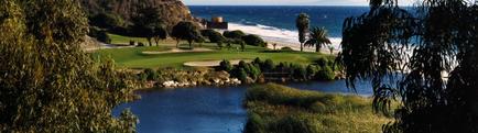 A beautiful landscape of a golf course with a stunning view of the ocean. The course is surrounded by lush greenery and trees and there is a small lake in the foreground. The sky is blue and the ocean is a deep blue-green color with the waves crashing onto the shore. On the right side of the image there are palm trees and a rocky cliff on the left side. In the background there is an old fort-like structure on the cliff which appears to be a fortification or fortification. The overall atmosphere of the scene is peaceful and serene.