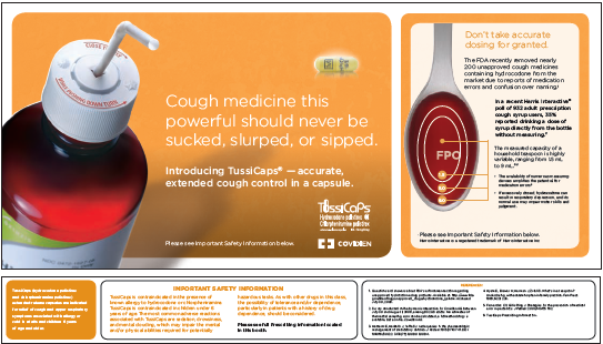 An advertisement for a cough medicine product called TussiCaps. The advertisement is divided into two sections. On the left side there is an image of a red-colored bottle with a white pump dispenser. The bottle has a label that reads "Cough medicine this powerful should never be sucked slurped or sipped. Introducing TussiCaps - accurate extended cough control in a capsule." On the right side of the image there are two smaller images of the product.<br /><br />The first image on the left shows the bottle with the pump dispensers and the second image shows the label with the product name and description. The label also mentions that the product is FDA approved and that it is suitable for use in a variety of applications. The background of the advertisement is orange and there is a small illustration of a pill bottle in the top right corner.