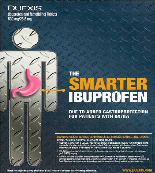 An advertisement for Duexis Ibuprofen tablets. The background is a dark blue color with a diamond plate pattern. On the left side of the image there is an illustration of a person's stomach with a pink intestine attached to it. The text on the image reads "The Smarter Ibuprofen" and "Due to added Gastroprotection for patients with OA/RA". Below the illustration there are warning signs and information about the product. The website "www.duexis.com" is also visible in the bottom right corner.