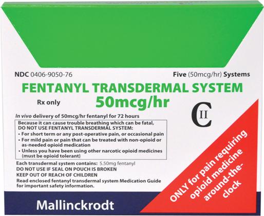 A box of Fentanyl Transdermal System 50mcg/hr by the company Mallinckrodt. The box is rectangular in shape and has a green white and orange color scheme. Below the prescription names there are a number of warnings about the product.  <br /><br />There is white text in an orange triangle in the bottom right corner of the box that reads "Only for pain requiring opioid medicine around-the-clock."