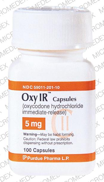 Of a white plastic bottle with an orange label. The label reads "Oxy IR Capsules (oxycodone hydrochloride immediate-release) 5 mg". The label also mentions that the bottle contains 100 capsules. The bottle has a white cap and appears to be made of plastic. The background of the label is white.