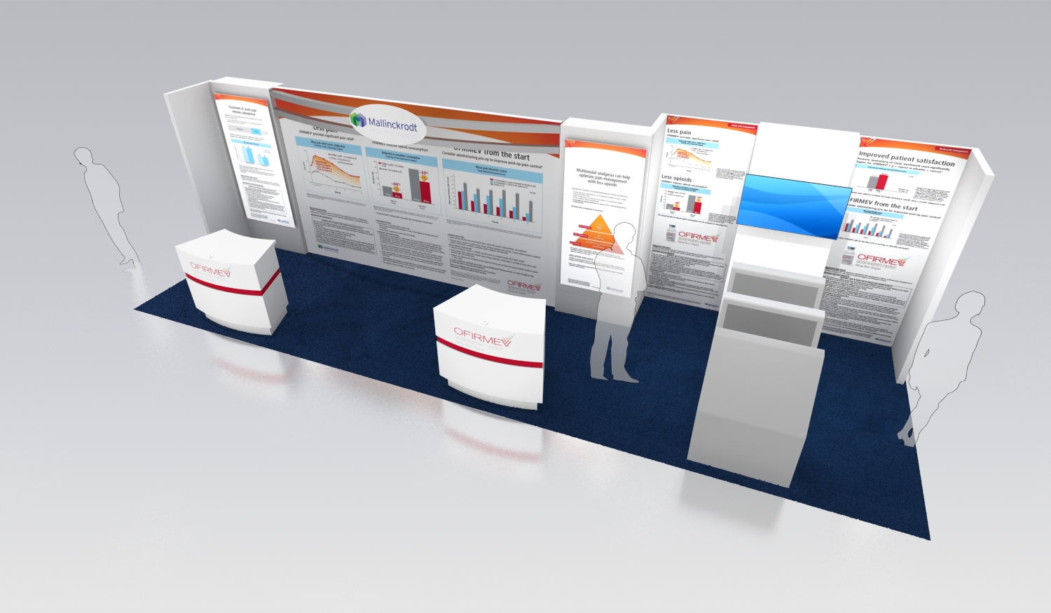 A 3D rendering of a trade show booth with a blue carpet and white walls. The booth is divided into three sections each with a different design and color scheme. <br /><br />The first section on the left side of the booth has a large banner with a red and white design while the second section has a smaller banner with an orange and blue design. The banner has a list of information about the trade show such as the company's logo contact information and a brief description of the event.<br /><br />There are also two white boxes on the floor in front of the banners one with a logo and the other with a graphic design. On the right side there is a white pedestal with a computer monitor on top. The background is a light grey color and there are two silhouettes of people standing next to the booth. The overall design is modern and professional with a focus on the company and its products.