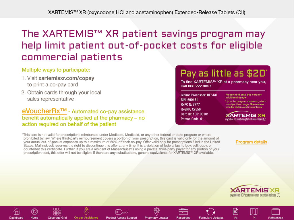 An advertisement for the XARTEMIS XR patient savings program. The advertisement is promoting the program to help limit patient out-of-pocket costs for eligible commercial patients. The background of the image is white and the text is in black and purple.<br /><br />On the left side of the advertisement there is a text that reads "Multiple ways to participate: 1. Visit XARTEMIS XR.com/copy to print a copy card. 2. Obtain cards through your local sales representative. It also describes the VoucherXR - Automated co-pay assistance.<br /><br />At the bottom of the ad there are several icons to navigate to other web resources about the product.