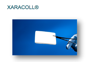 A hand holding a pair of tweezers with a white rectangular object attached to it. The object appears to be a surgical instrument possibly a scalpel or a surgical forceps. The background is a solid blue color. The word "XARACOLL" is written in bold white letters at the top of the image.