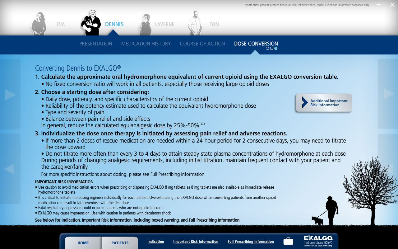 A screenshot of a webpage from the website "Exalgo.com". The webpage is titled "Converting Dennis to EXALGO" and has a blue header with white text. Below the header there is a navigation bar with links to different sections of the website.<br /><br />The main content of the webpage is a table with three columns. The first column is labeled "1. Calculate the approximate oral hydromorphone equivalent of current opioid using the EXALCO conversion table." The second column has a list of options for the user to choose from. The third column has an image of a person walking a dog on a leash. The fourth column has text that explains how to use the table. The fifth column has information about the table such as the date time and location. The sixth column has links to the website's contact information and a link to a website for more information.