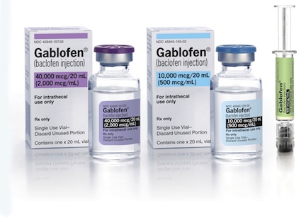 Three vials of Gablofen (baclofen injection) and a syringe. The vials are of different sizes and are arranged in a row. The first vial on the left is labeled "40000 mcg/20 ml" and has a purple label with white text. The second vial in the middle has a white label with black text that reads "For Intraceutical Use Only". The third vial is labeled with the same text as the first one. The syringe is filled with a clear liquid and is placed next to the vial. The background is white and the vials and syringe appear to be new and unused.