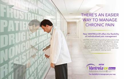 A man in a white lab coat standing in a hallway with a clipboard in his hand. He appears to be a doctor or a medical professional as he is wearing a stethoscope around his neck and is looking down at the clipboard. The background is a green wall with white text that reads "There's an easier way to manage chronic pain" and "New cantrell ER offers the flexibility of individualized pain management". On the right side of the image there is a purple banner with the company's logo and contact information.