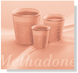 Three empty plastic cups on a light pink background. The cups are arranged in a triangular formation with the largest cup in the center and two smaller cups on either side. All three cups have a smooth shiny surface and appear to be made of a transparent material. The word "Methadone" is written in a cursive font in the bottom right corner of the image.