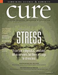 The cover of a magazine titled "Cure". The background is a dark green color with a textured pattern. The title of the magazine is written in large white letters at the top of the cover. Below the title there is a subtitle that reads "It can take a physical & emotional toll on survivors but there are ways to stress less". The subtitle is written below the title in smaller white letters. The magazine's logo is also visible in the bottom right corner.