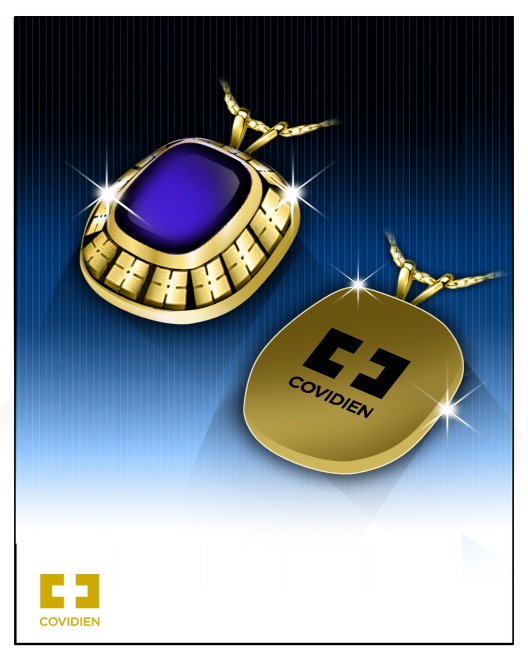 A digital illustration of two pendants. The pendants are gold in color and have a circular shape with a blue gemstone in the center. The gemstone is surrounded by small diamonds giving the pendants a luxurious and elegant look. The background is a gradient of blue and black creating a striking contrast with the gold. The word "COVIDIEN" is written in white capital letters on the bottom right corner of the image.