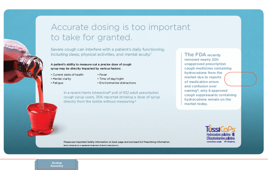 An infographic that explains how accurate dosing is too important to take for granted. It has a blue background with white text. On the left side of the image there is an illustration of a red liquid being poured from a bottle into a small red cup. The text on the image explains that severe cough can interfere with a patient's daily functioning including sleep physical activities and mental acuity. <br /><br />On the right side there are two bullet points that explain the FDA's recent treatment of cough medication. The first bullet point explains that the FDA recently removed 200 cough medications from the market. The second bullet point mentions that the medication is not available in the United States.<br /><br />At the bottom of the infographic there has a logo for TussiCaps.