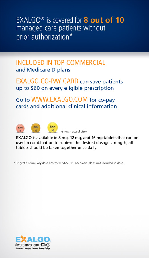 An advertisement for Exalgo saying that it is covered for of 10 managed care patients without prior authorization. The advertisement is titled "All the benefits of true once-daily dosing with broad coverage" and has a blue background with white text. <br /><br />Below the title there are two bullet points. The first bullet point states that it is included in top commercial and Medicare D plans. The second bullet point describes an Exalgo Co-Pay Card. There are a number of citations at the bottom of the page. <br /><br />The advertisement also has the Exalgo logo at the bottom right corner.