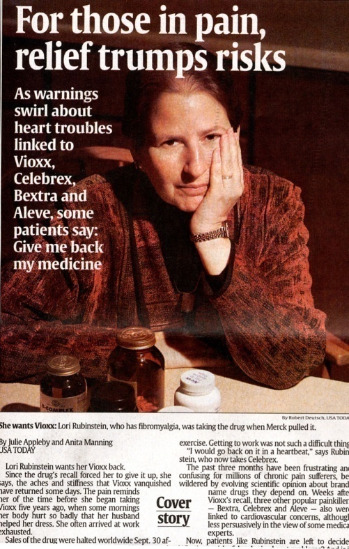 An advertisement for a medicine product called "For those in pain relief trumps risks". It features a photo of a woman sitting at a table with her hand on her face looking distressed. She is wearing a red sweater and has a serious expression on her lips. On the table in front of her there are several jars of medicine and a bottle of medicine. The text on the image reads "As warnings swirl about heart troubles linked to Vioxx Celebrex and Aleve some patients say: Give me back my medicine." The advertisement is promoting the product and its benefits.