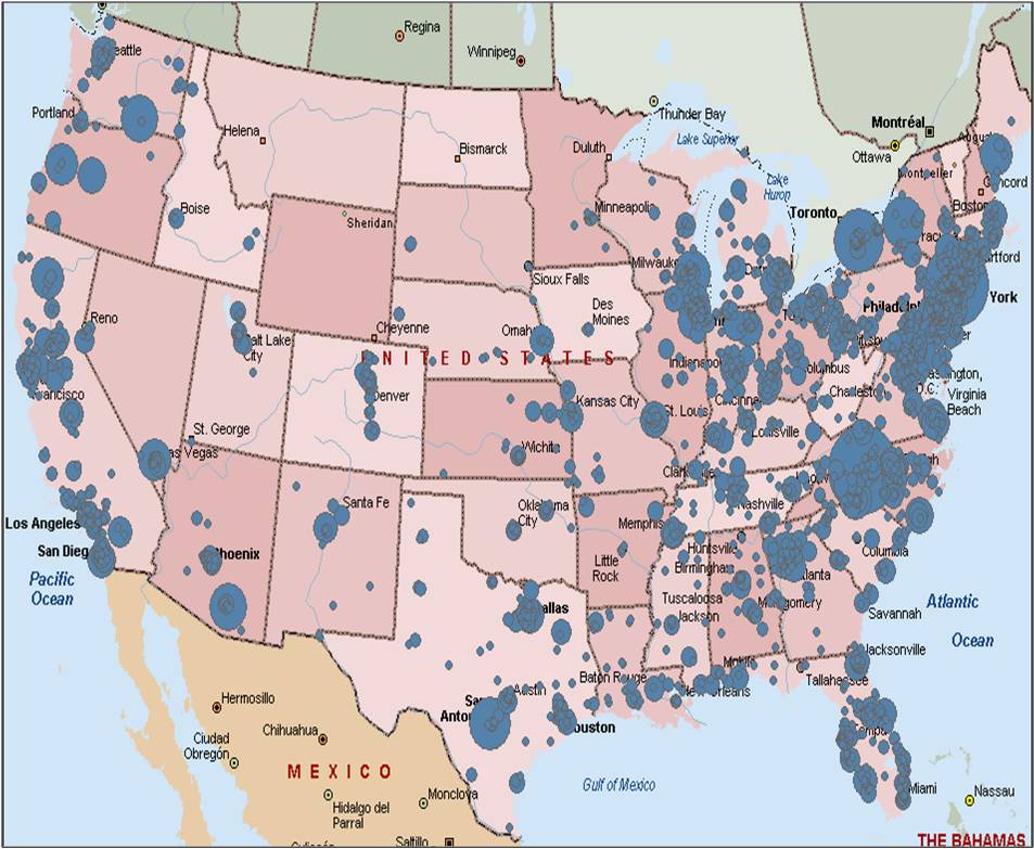 A map of North America with a heat map of various spots throughout the United States. Canada is in green the United States are in pink and Mexico is orange. Various major cities are labeled on the map.