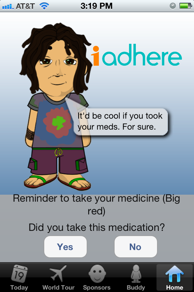 A screenshot of an iPhone screen with a message from a user named "iadhere". The message reads "It'd be cool if you took your meds. For sure. Reminder to take your medicine (Big red) Did you take this medication?" Below the message there is an illustration of a cartoon character with curly hair and a blue shirt with a green flower on it. The character is standing in front of a white background. At the bottom of the screen there are three buttons - "Yes" "No" and "Home".