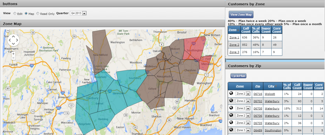 A screenshot of a map of a city with different colors representing different zones. The map is divided into different sections each with a different color representing a different area. The colors range from light blue to dark blue with some areas being darker blue and others being lighter blue.<br /><br />On the top right corner of the image there is a table that shows the number of customers by zone in each area. On the top left corner there are buttons for the user to navigate through the map such as "View" "Edit" "View" and "Help". On the bottom right corner the user can click on the "Customers by Zone" button to view the map and select the desired zone. The table also has a list of options for customers to choose from including "Zones by Zip" "Customer by Zip" and a dropdown menu for selecting the type of zone they want to use.