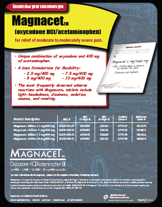 A product label for Magnacet a medication used to relieve moderate to moderately severe pain. The label is divided into two sections. The top section is yellow and has the brand name "Magnacet" written in bold black letters at the top. Below that there is a description of the product which states that it is a unique combination of oxycodone and 400 mg of acetaminophen.<br /><br />The bottom section of the label has a list of the ingredients and their corresponding nutritional information. The ingredients are listed in a table format with each ingredient having its own nutritional value. The table also includes information about the product's ingredients such as the type of medication the dosage and the potential side effects. There is also a note on the right side of the image that explains the product and its benefits. The background is black and there is an illustration of a car in the bottom right corner.