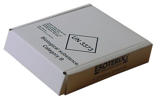 Of a white cardboard box with a label on it. The label reads "UN 3370 Biological Substance Category B". The box appears to be made of cardboard and has a rectangular shape with rounded edges. The top of the box has a label with the brand name "ESOTERIX" written in bold black letters. Below the label there is a small logo of a triangle with the letters "UN" in the center. The box is likely used for storing and transporting biological substances.