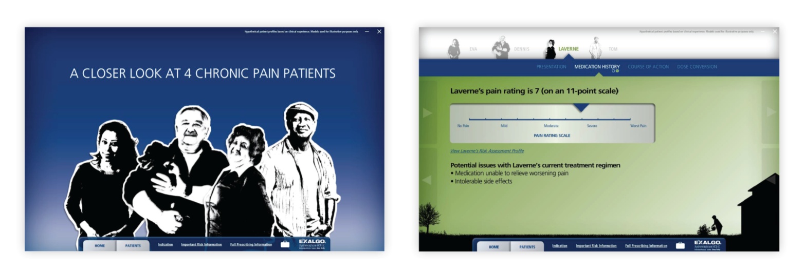 A screenshot of a website called "A Closer Look at 4 Chronic Pain Patients". On the left side of the image there is a blue banner with a black and white illustration of a group of people. The people in the illustration are of different ages genders and ethnicities. They are all smiling and appear to be happy.<br /><br />On the right side there are two screenshots of the website's homepage. The first screenshot shows the homepage with a green background and white text. The text reads "Lavender's pain rating is 7 on an 11-point scale". Below the text there has a button that says "Potential causes of chronic pain".<br /><br />At the bottom of the page there appears to be a navigation bar with various options such as "Home" "About" and "About Us". There is also a link to the website for more information about the website.