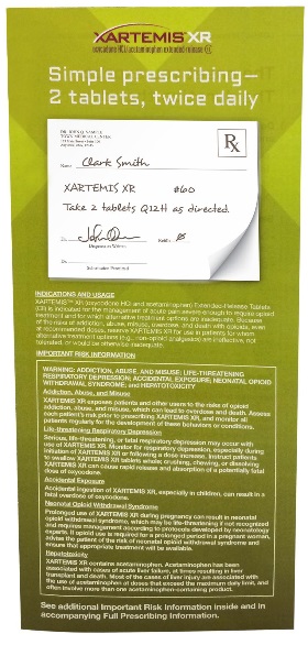 An advertisement for Xartemis XR with the tagline "Simple prescribing - 2 tablets twice daily". It includes an image of a prescription for Xartemis XR written to a fictional patient named Clark Smith. There are also Indications and Usage and Important Risk Information (including a boxed warning). The background is green with text in white. A logo for Xartemis XR is at the top.