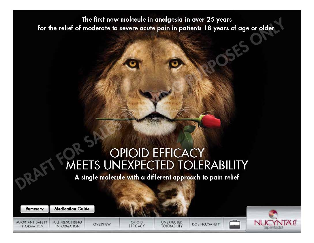 A digital advertisement for a  product called NUCYNTA which reads "Opioid Efficiency Meets Unexpected Tolerability". The background is black and the main focus is a close-up of a lion's face. The lion is holding a red rose in its mouth and is looking directly at the camera. The text on the image reads "The first new molecule in analgesia in over 25 years for the relief of moderate to severe acute pain in patients 18 years of age or older. A single molecule with a different approach to pain relief."