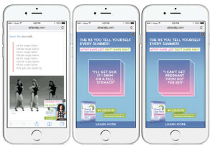 Three phones with the app "The 85 You Tell Yourself Every Summer" displayed on their screens. The app appears to be a fitness app as indicated by the text on the screen. On the left side of the screen there is an image of a group of people dancing with the text "I'll get sick on a full stomach" above them. On the right side there are two images of a box of pills one with a pink background and the other with a blue background. The text above the images reads "I can't get pregnant from hot tub sex". At the bottom of the image there has a button that says "Learn More". This suggests that the app allows users to learn more about the app and its benefits.