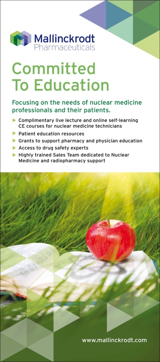 An advertisement for Mallinckrodt Pharmaceuticals. The background of the image is a green grassy field with a red apple resting on top of an open book. The book is lying on the grass. The text on the image reads "Committed to Education: Focusing on the needs of nuclear medicine professionals and their patients. Complimentary live lecture and online self-learning. Patient education resources. Grants to support pharmacy and physician education. Access to drug safety experts. Highly trained sales team dedicated to Nuclear Medicine and radiopharmacy support." The company's logo is also visible in the top left corner.