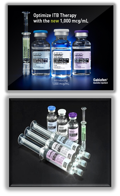 An advertisement for a product called "Optimize ITB Therapy with the new 1000 mcg/mL". It features two images of the product one of a syringe and the other of a vial. The syringe is on the left side of the image and the vial is in the center. The vial has a blue label with white text that reads "Gablofen" and "Introducing 1500 mcg / mL". The background is black and the products are arranged in a horizontal line.<br /><br />There are six syringes in the image each with a different color - blue green pink purple and white. The bottles are of different sizes and shapes and the syringe has a long handle and a narrow neck. The labels on the bottles are white with black text. The text on the labels is in a modern font and is centered on the image.