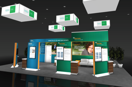 A trade show booth with a green and blue color scheme. The booth has a modern design with a large screen on the left side displaying information about the company's products. On the right side of the booth there is a large banner with a photo of a woman's face and the company name. Above the banner there are several white boxes hanging from the ceiling. The background is black and there are two potted plants on either side. The overall atmosphere of the image is professional and modern.