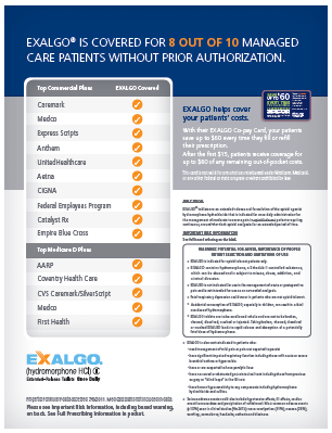 An infographic. The header which has a blue background and white and orange text reads: "Exalgo is covered for 8 out of 10 managed care patients without prior authorization." The infographic is divided into two sections. <br /><br />A table on the left side of the page shows a list of top commercial health plans and top Medicare D plans each with an orange circle with a check mark next to it indicating that Exalgo is covered by those plans. The Exalgo logo is at the bottom left-hand side of the page.<br /><br />On the right side of the infographic there is a description of the Exalgo co-pay card as well as important prescribing information.