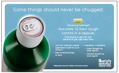 An advertisement for TussiCaps a drug that provides 12-hour cough control in a capsule. The advertisement features a green bottle with a white cap and a red label. The bottle is placed on a blue background. On the right side of the image there is a yellow pill with the company's logo on it. The text on the image reads "Some things should never be chugged." Below the pill there are instructions on how to use the capsule. <br /><br />The text also mentions that the capsule is available in 2 different sizes and is suitable for children aged 2-4 years old. It is easy to take and easy to use and can be used to control the cough.