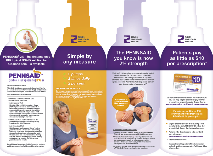 Three bottles of Pennsaid pain relief products. The bottles are arranged in a triangular formation with the first bottle on the left the second bottle in the middle and the third bottle at the bottom. All three bottles have a purple label with the brand name "Pennsaid" written in white text.<br /><br />The first bottle has a pump dispenser and a label that reads "Simple by any measure". The second bottle has an image of a woman holding a bottle of the product. The label also has text that explains that the product is "2% strength" and that it is a pain relief solution for pain relief. The third bottle is labeled "Patients pay as little as $10 per prescription".<br /><br />All three bottles are white with purple caps and have a blue label. The background of the image is white.