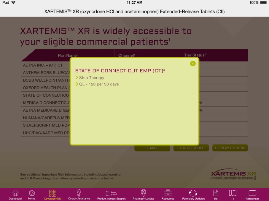 A screenshot of a Coverage Grid on the XARTEMIS XR website. It explains that "Xartemis XR is widely accessible to your eligible commercial patients". A pop-up window confirms this saying "State of Connecticut EMP (CT)3 -- Step therapy -- QL - 120 per 30 days" The page has a white green and grey background with purple menu bar at the bottom.