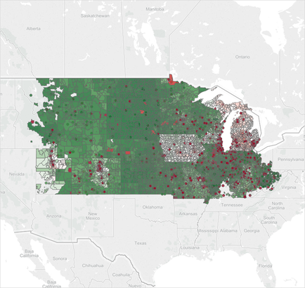 A map of the United States showing the distribution of red dots in different regions of the country. The map is color-coded with different shades of green representing different areas of the state. The red dots are scattered across the map with some areas being darker and others being lighter. The green areas are densely packed together while the red dots appear to be scattered throughout the map. The map also shows the major cities and towns within the state including New Mexico New Mexico City Oklahoma City and Oklahoma City. There are also several smaller cities and highways visible in the map as well. The cities are labeled with their names and there is a large red dot in the center of the map that appears to be a small town or village.
